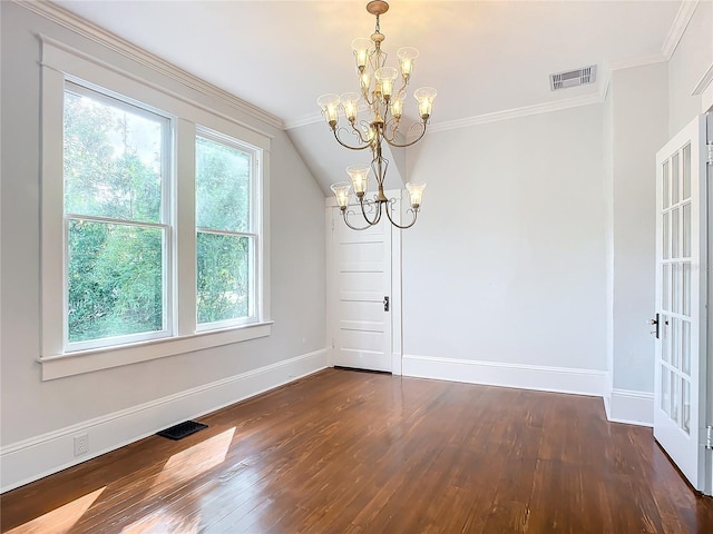 unfurnished dining area featuring a healthy amount of sunlight, dark hardwood / wood-style flooring, a chandelier, and vaulted ceiling