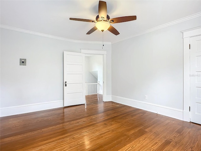 unfurnished room featuring hardwood / wood-style flooring, ceiling fan, and ornamental molding