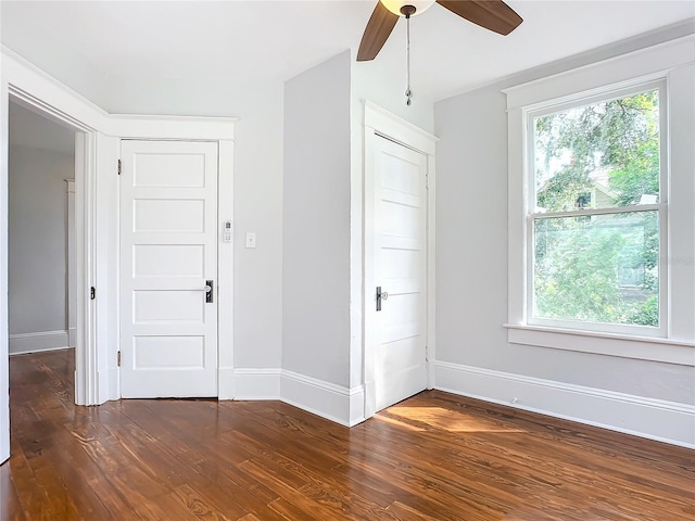 interior space with ceiling fan, dark hardwood / wood-style flooring, and a wealth of natural light