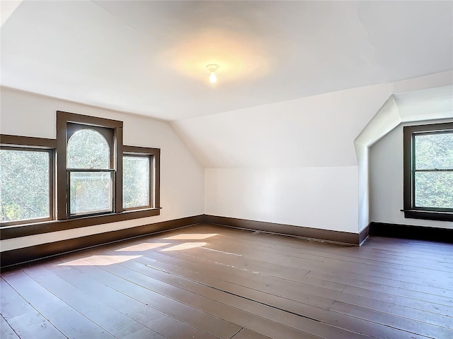 additional living space featuring dark hardwood / wood-style floors, vaulted ceiling, and plenty of natural light