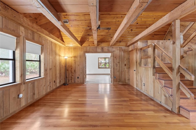 additional living space with lofted ceiling with beams, wooden walls, and wooden ceiling