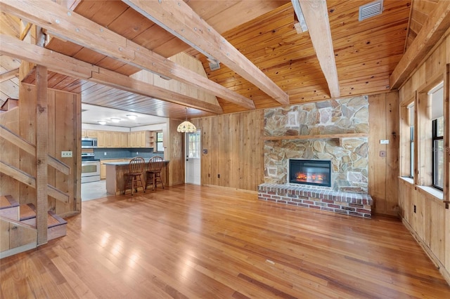 unfurnished living room featuring beam ceiling, a stone fireplace, wood walls, and wooden ceiling