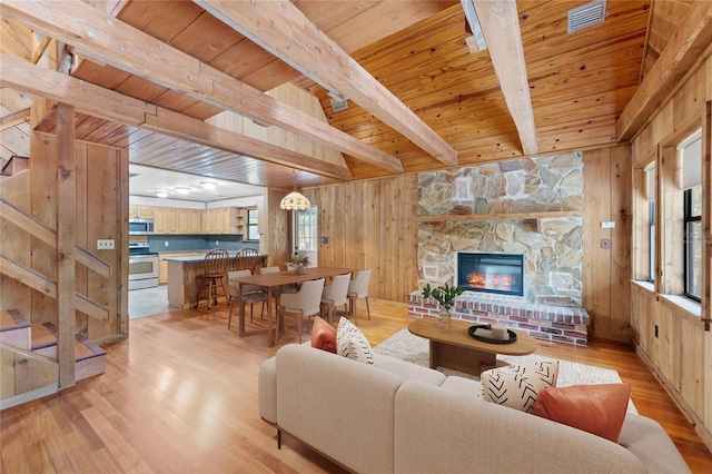 living room with beam ceiling, wooden walls, and wood ceiling