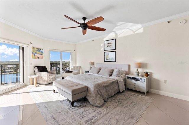 tiled bedroom featuring multiple windows, access to outside, ceiling fan, and ornamental molding