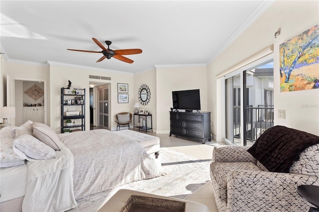 bedroom featuring ceiling fan, crown molding, and access to outside