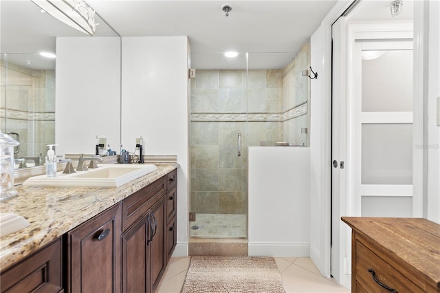 bathroom with vanity, tile patterned floors, and a shower with shower door