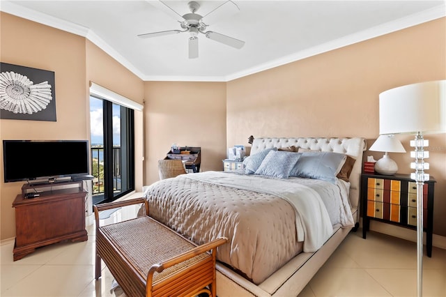 tiled bedroom with ceiling fan, ornamental molding, and access to outside