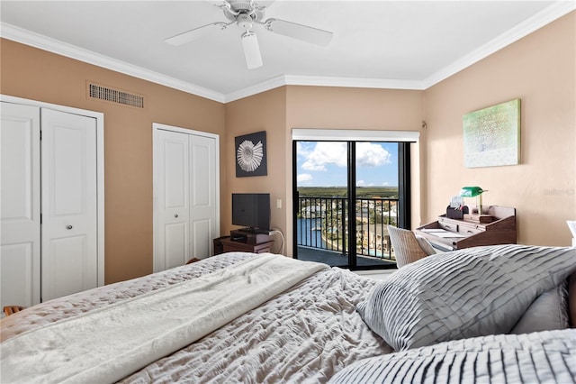 bedroom featuring access to outside, ceiling fan, a closet, and ornamental molding