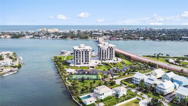 bird's eye view with a water view