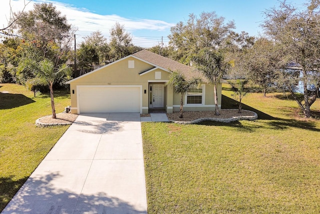 single story home featuring a garage and a front lawn