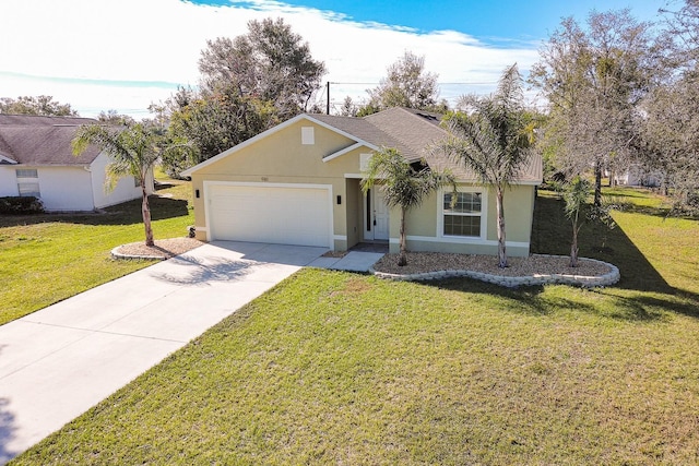 ranch-style home featuring a front lawn and a garage