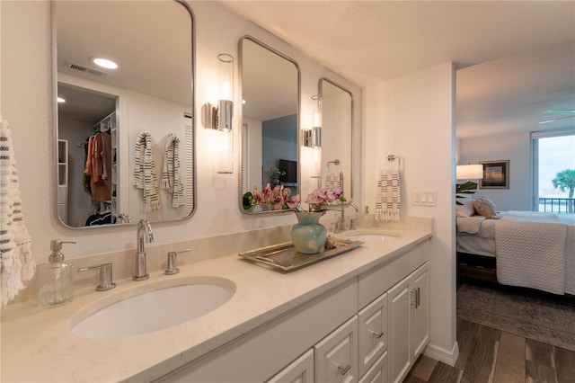 bathroom with wood-type flooring and vanity