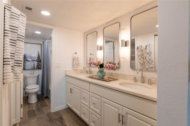 bathroom with vanity, toilet, and wood-type flooring