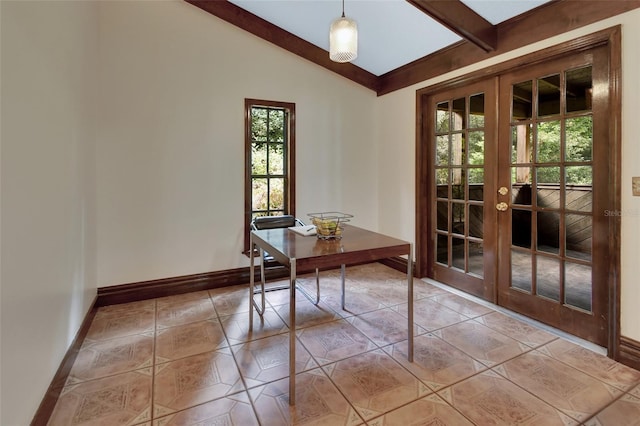 unfurnished dining area with french doors, lofted ceiling with beams, and light tile patterned floors