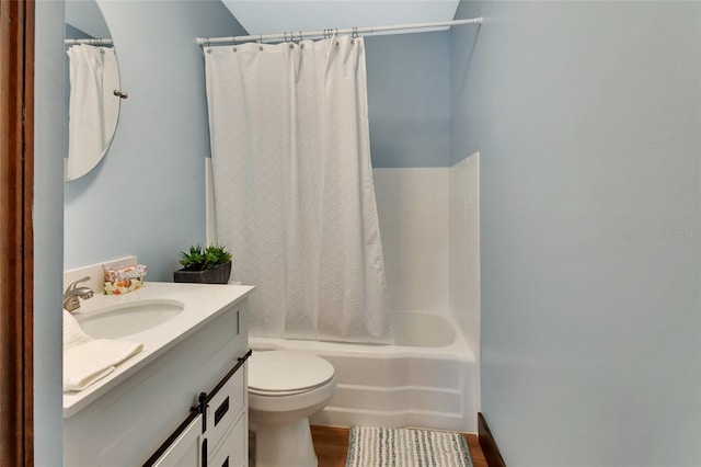 full bathroom with shower / bathtub combination with curtain, hardwood / wood-style flooring, vanity, and toilet