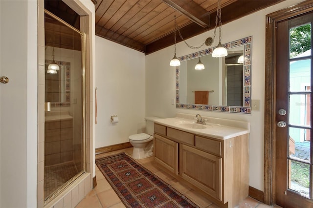 bathroom featuring walk in shower, wood ceiling, vanity, beamed ceiling, and tile patterned flooring