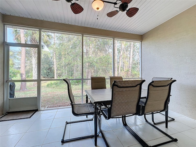 sunroom / solarium with ceiling fan, plenty of natural light, and wood ceiling