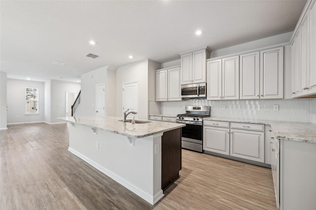 kitchen with sink, stainless steel appliances, white cabinetry, and an island with sink