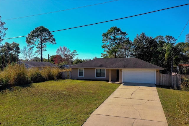 ranch-style house with a front yard and a garage