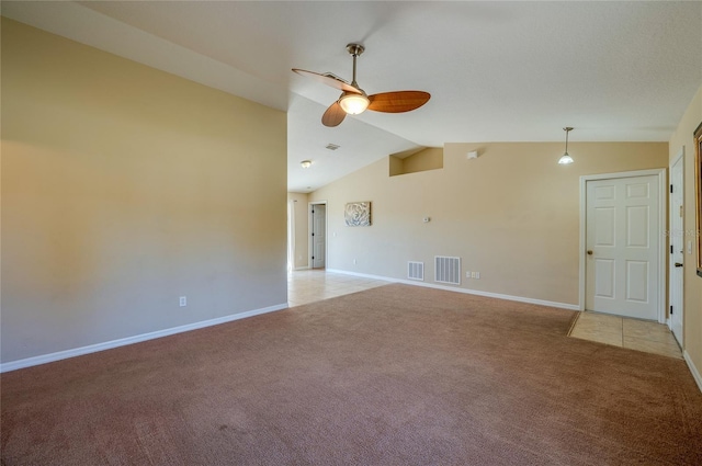 unfurnished living room with ceiling fan, light carpet, and vaulted ceiling