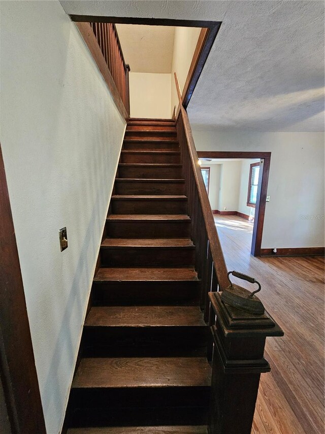 staircase with hardwood / wood-style flooring