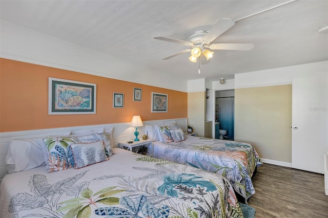 bedroom featuring ceiling fan and wood-type flooring