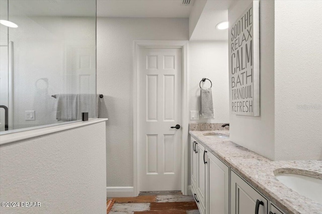 bathroom with wood-type flooring and vanity