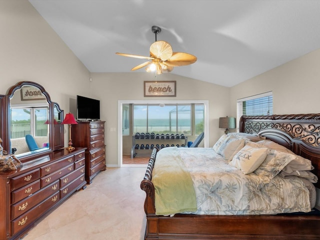 bedroom featuring multiple windows, ceiling fan, and vaulted ceiling