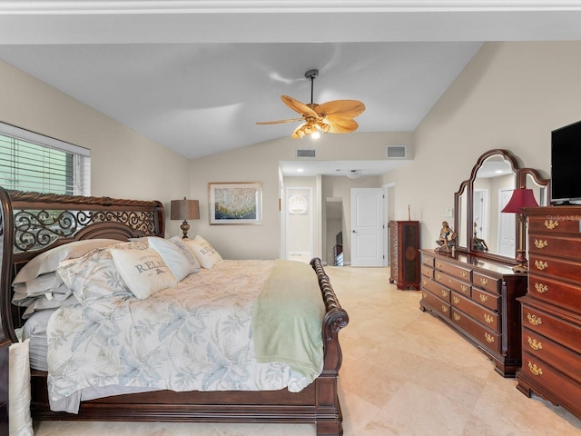 bedroom with ceiling fan and lofted ceiling