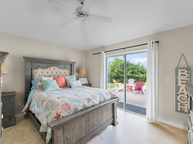 bedroom with access to outside and ceiling fan