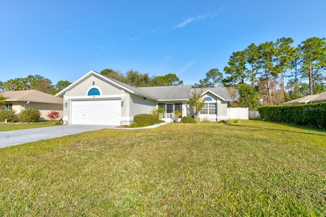 ranch-style home with a front yard and a garage