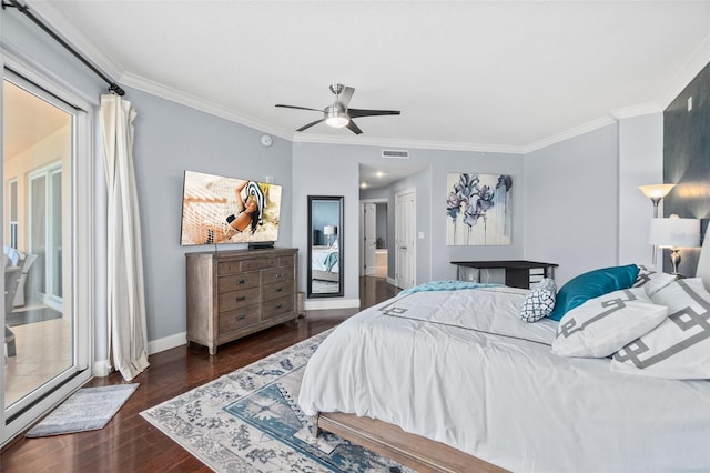 bedroom with ceiling fan, dark hardwood / wood-style flooring, and crown molding