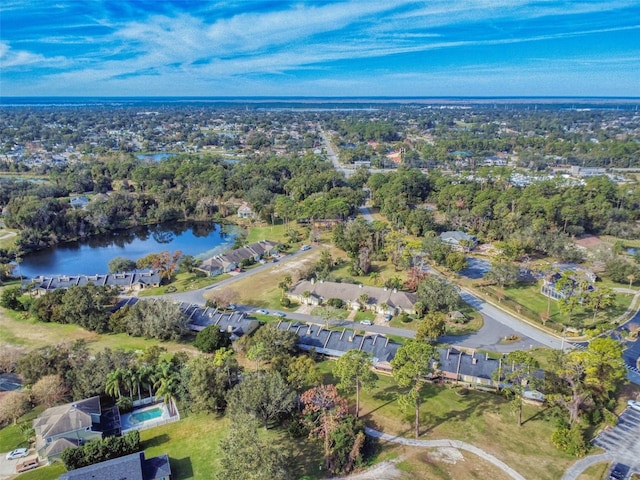 bird's eye view with a water view