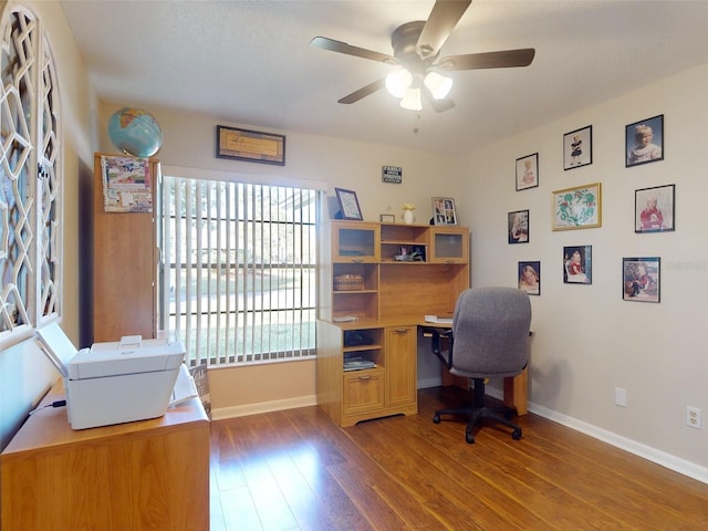 office featuring ceiling fan and wood-type flooring