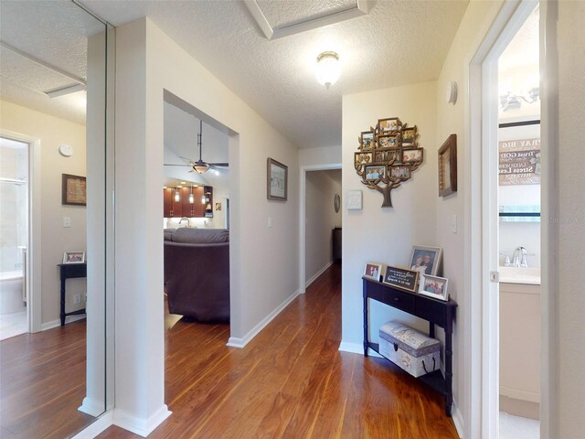 corridor with sink, dark hardwood / wood-style floors, and a textured ceiling