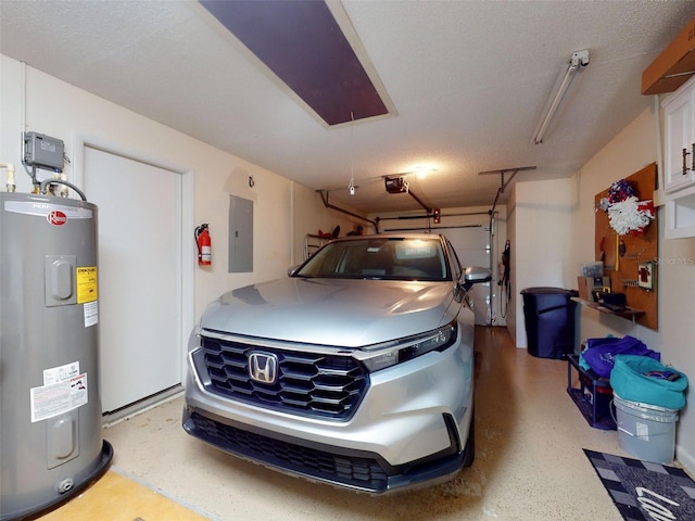 garage featuring electric panel, a garage door opener, and water heater