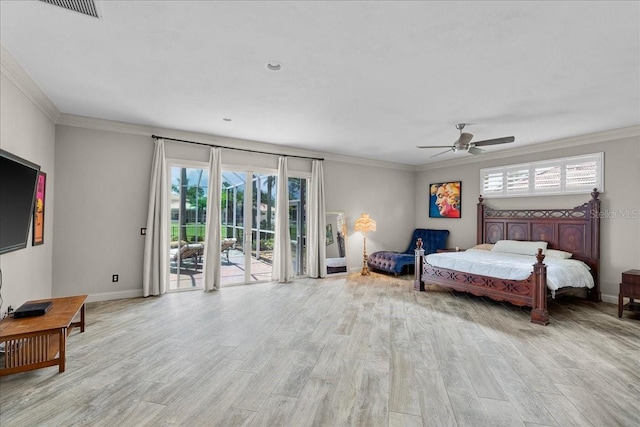 bedroom featuring access to outside, crown molding, visible vents, light wood-type flooring, and baseboards