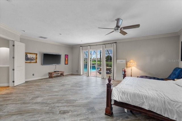 bedroom featuring visible vents, baseboards, access to outside, ornamental molding, and light wood finished floors