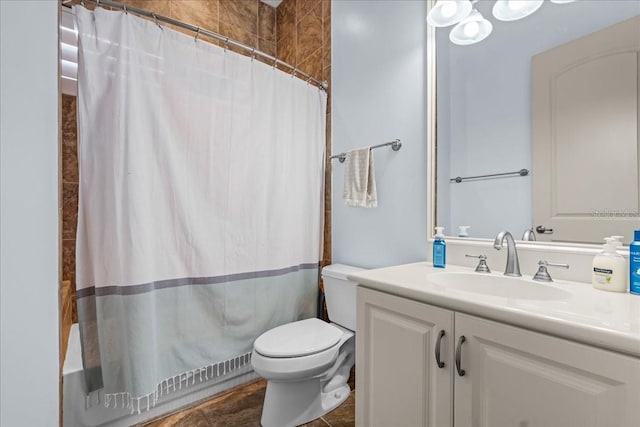 full bath featuring shower / bath combination with curtain, vanity, and toilet