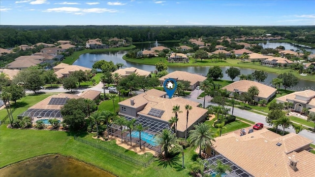 aerial view featuring a water view and a residential view