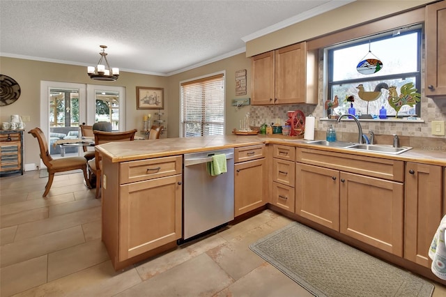 kitchen with sink, stainless steel dishwasher, kitchen peninsula, pendant lighting, and ornamental molding