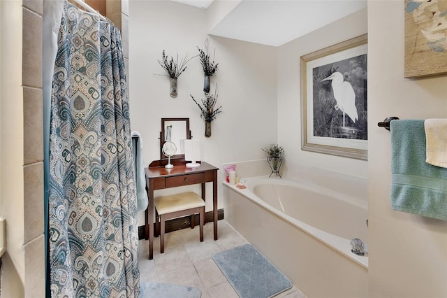 bathroom featuring tile patterned floors and plus walk in shower