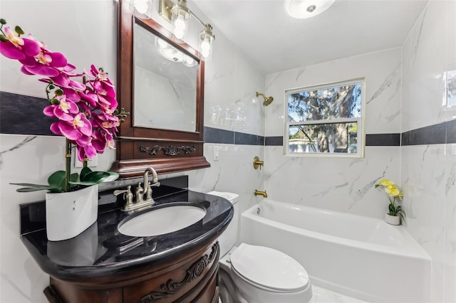 full bathroom with vanity, toilet, and tiled shower / bath combo