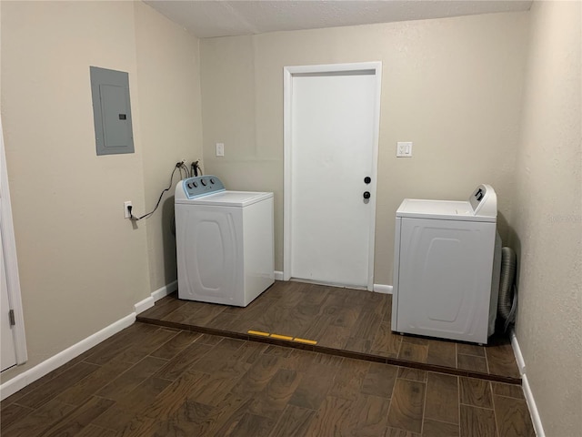 clothes washing area featuring dark hardwood / wood-style flooring, washer and clothes dryer, and electric panel