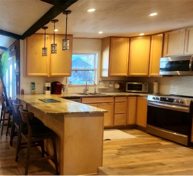 kitchen featuring a breakfast bar, sink, hanging light fixtures, kitchen peninsula, and stainless steel appliances