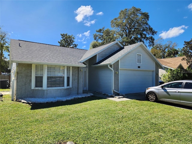 single story home featuring a garage, central air condition unit, and a front lawn