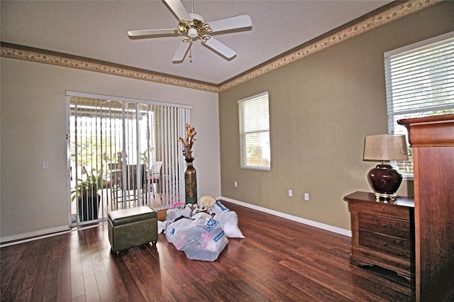 sitting room with ceiling fan and dark wood-type flooring