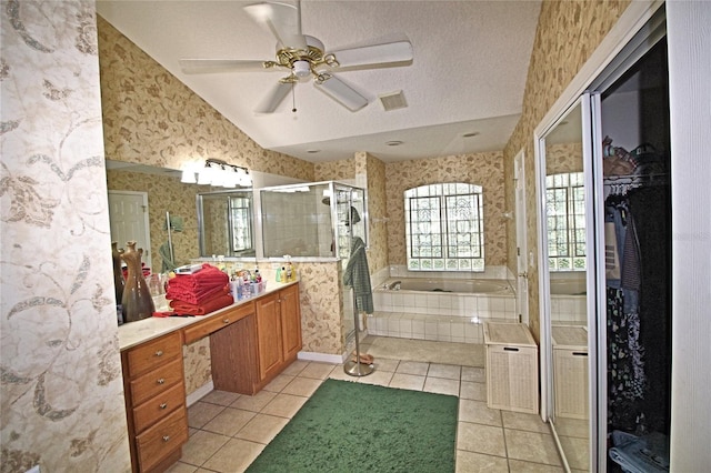 bathroom featuring ceiling fan, tile patterned flooring, vanity, and independent shower and bath