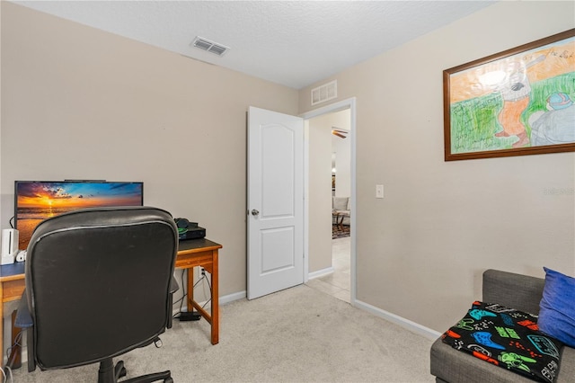 office area featuring light colored carpet