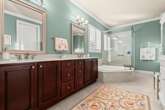 bathroom featuring crown molding, independent shower and bath, tile patterned floors, and vanity